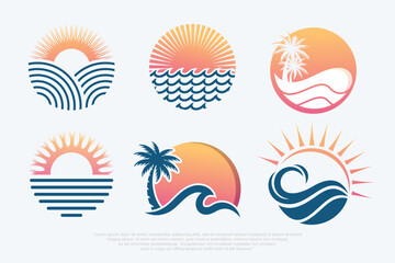 Summer holidays logo. Summer beach, vacation, travel, tropical paradise emblems. Vector illustration