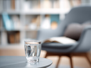 detailed shot of a glass of water on a small table between therapist and client