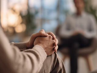 close-up of patient’s hands clasped together nervously