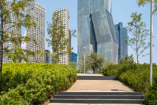 Modern corporate skyscrapers in Santa Fe Mexico City seen from La Mexicana Park, reflecting innovation, urban planning, contemporary design, sustainable development and vibrant architectural growth