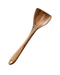 A single wooden spatula with a long handle, isolated on a transparent background, showcasing its natural wood grain and ergonomic design, perfect for kitchen use and culinary activities
