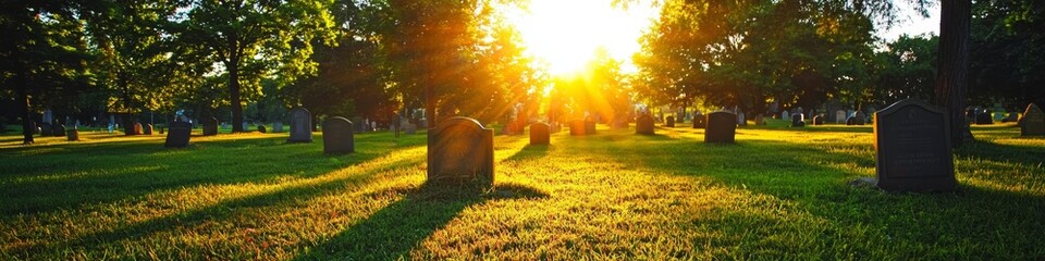 Tombstones and graves nestled in a tranquil sunlit setting.
