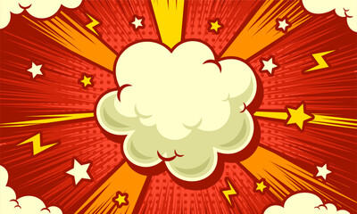 Fototapeta premium Comic pop art burst red background with blank cloud
