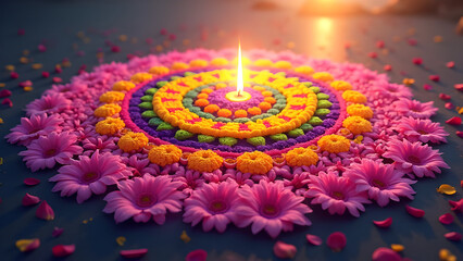 Vibrant Pink and Orange Flower Mandala with Lit Candle for Onam Celebration Colorful Floral Rangoli Design with Warm Sunset Background