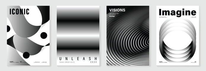 Obraz na płótnie Canvas Abstract monochrome poster background vector set. Modern cover template with black and white perspective geometric prism shape, line. Ideal design for social media, banner, ads.