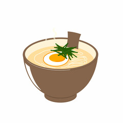 Vector icon of a steaming ramen bowl featuring a soft-boiled egg and strips of seaweed.