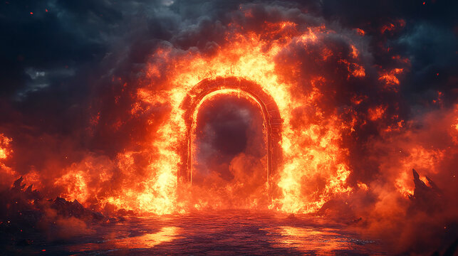 Illustration of sinful curse hell gate with smoke and flame