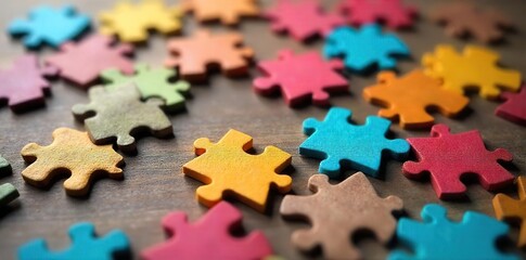 Fototapeta premium Close-up shot of colorful jigsaw puzzle pieces scattered on a wooden surface, some fitting together, others separated, suggesting confusion and incompleteness , colors, colorful, top view