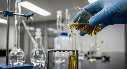 Gloved hand of a scientist pouring a golden liquid from a beaker into a test tube during a chemical experiment in a research laboratory