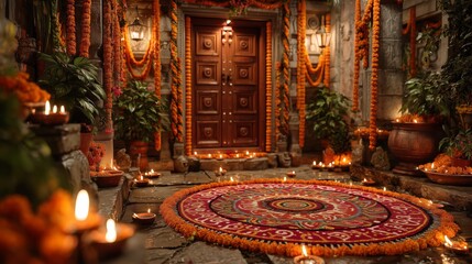 Obraz premium Indian doorway decorated for Diwali. Rangoli, Pookalam, candles, marigold flowers garland.
