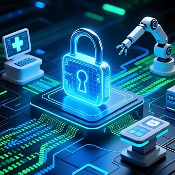  Conceptual background of healthcare cybersecurity, a digital padlock icon glowing over an abstract representation of patient data streams, secure network, blue and green binary code matrix