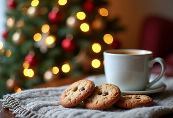 Christmas cookies and coffee near the blur Christmas tree decoration background