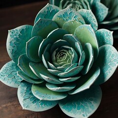 Obraz premium Succulent rose flower with turquoise and seafoam petals, detailed rosette texture, ornamental plant close-up on dark background