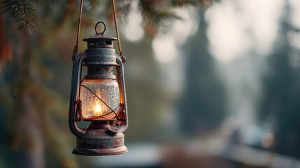 Rusty Vintage Kerosene Lantern Hanging Outdoors with Warm Glow Among Pine Branches