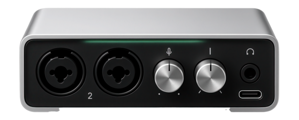 Portable audio interface with two combo inputs, USB-C port, and aluminum casing