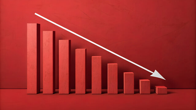 Red bar graph showing a downward trend with a white arrow indicating loss and financial decline