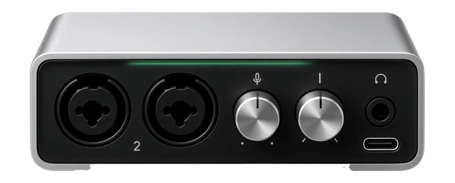 Portable audio interface with two combo inputs, USB-C port, and aluminum casing