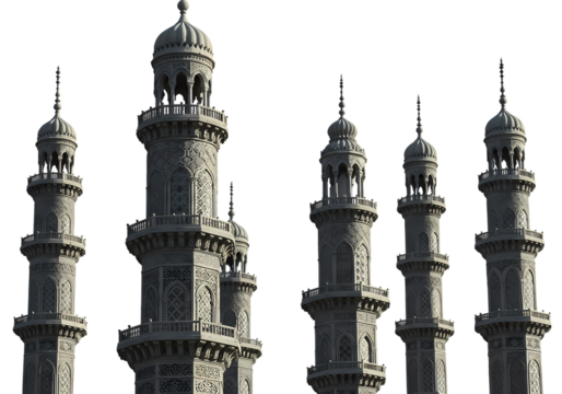 Five Majestic Minarets Architectural Detail of Islamic Mosque Towers Against White Background isolated on transparent background - Powered by Adobe