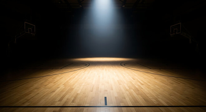A basketball court is illuminated by a single bright spotlight, with hoops visible in the background.