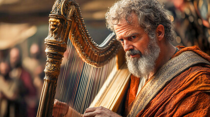 Obraz premium King David playing a harp, biblical character