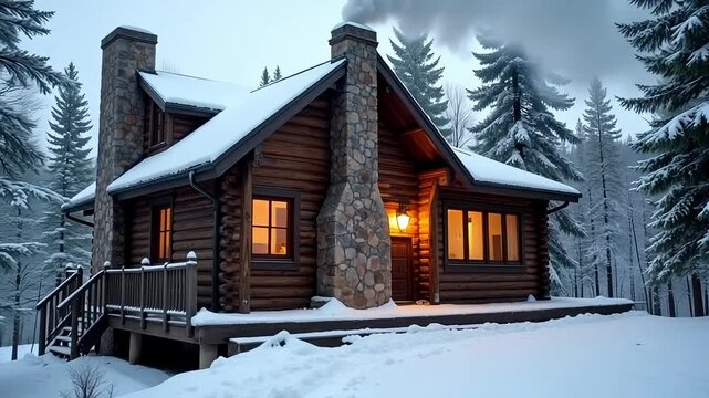 Cozy log cabin glows warmly in a serene, snow-covered forest at dusk.