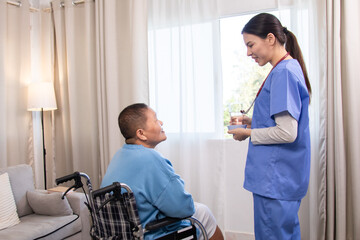 Elderly and caregiver, nurse healthcare routine, encouraging gentle exercise while delivering pills, strengthening aging immune system, monitoring medication schedule, senior people in nursing home