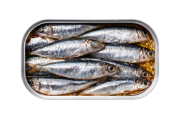 Opened can of anchovies in oil, top view.  Small fish packed tightly