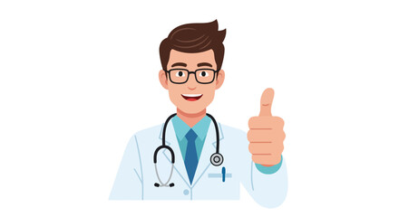 Fototapeta premium Cartoon doctor with glasses and stethoscope gives a thumbs up gesture, smiling against a white background.