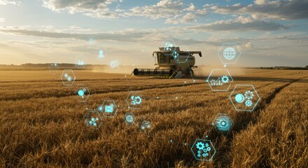 Agricultural harvester in a golden wheat field at sunset, overlaid with digital icons