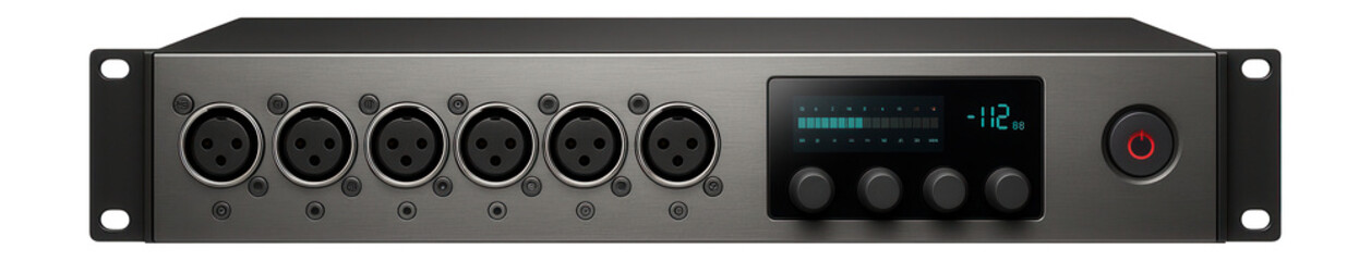 Fototapeta premium Rack-mounted audio processor with multiple XLR inputs and digital display panel
