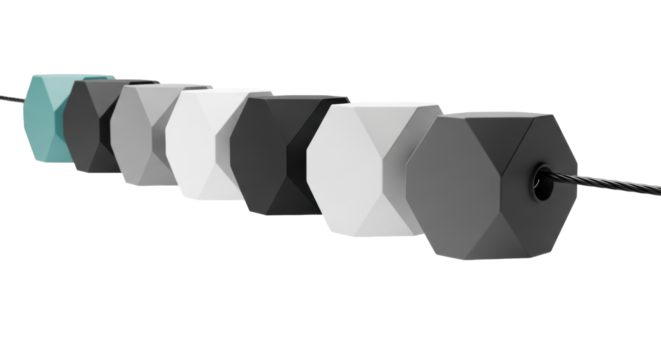 Taut, linear series of hexagonal PVC panels in charcoal, white, teal, on black wire against a transparent studio background. Concept of modern minimalist design and technological clarity