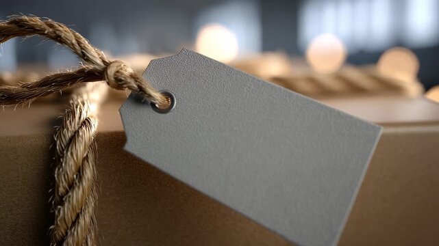 Gift box with blank tag and decorative twine placed against a softly lit background in an indoor setting