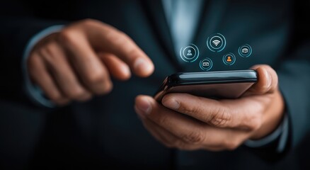 Businessman using smartphone with digital icons