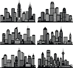 Fototapeta premium City skyline silhouette set, urban landscape vector, modern skyscrapers and buildings, black and white cityscape illustrat