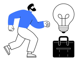 Man in motion with blue shirt, light bulb symbolizing ideas, briefcase for work and career. Ideal for innovation, productivity, business, creativity, goals, motivation simple flat metaphor