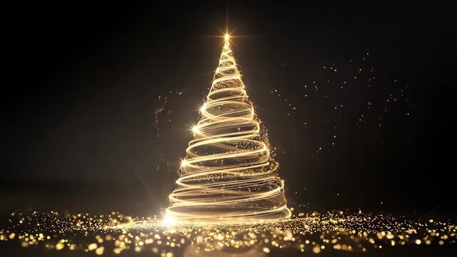 A golden Christmas tree outline illuminates a dark environment, creating a warm festive atmosphere filled with sparkling lights