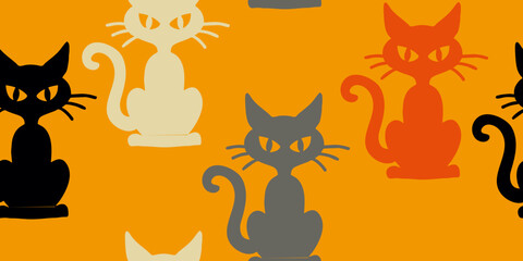 Halloween Cat Silhouettes on Orange Pattern