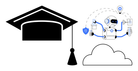 Robotic AI multitasking near graduation cap and cloud icon, concept for learning, technology, achievements. Ideal for education, innovation, data, skills training future AI progress. Simple flat
