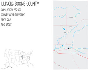 Large and detailed map of Boone County in Illinois, USA.