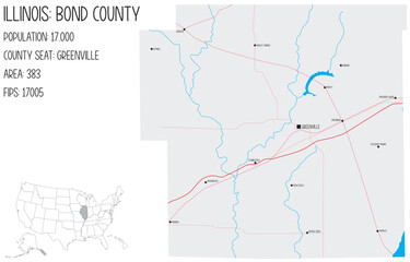 Large and detailed map of Bond County in Illinois, USA.