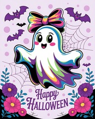 Obraz premium Halloween ghost with bow and bats