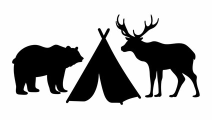 Silhouette of a bear and a deer standing on either side of a teepee on a white background scene
