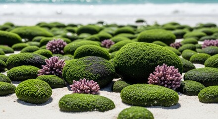 Green Mossy Rocks on a Beach with Pink Coral, Coastal Landscape