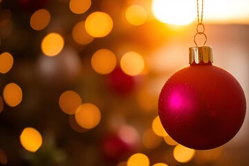 Fototapeta premium Christmas ornament ball in crisp detail with bokeh background