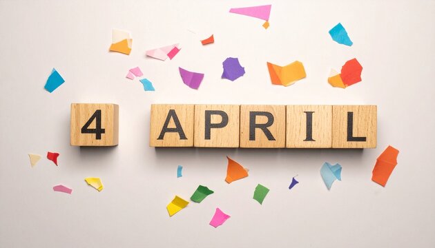 Wooden Blocks with Date 4 April. Calendar for birthday or anniversary on solid colored background with confetti