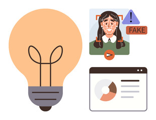 Lightbulb symbolizing innovation, face scan with fake content alert, browser window with pie chart analytics. Ideal for AI, innovation, data analysis, cybersecurity, awareness, tech ethics simple