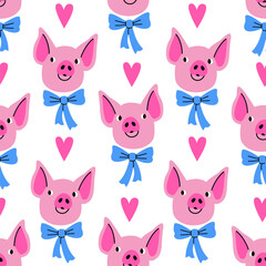 Vector seamless pattern with funny pigs in bow ties