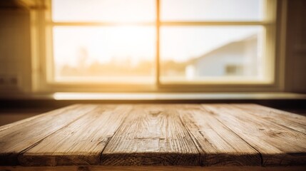 A wooden tabletop bathed in natural light with blurred windows creates a warm minimalist interior evoking comfort produc
