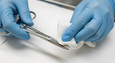 Closeup of a medical professional in blue gloves meticulously cleaning and sterilizing a surgical instrument with a sterile wipe