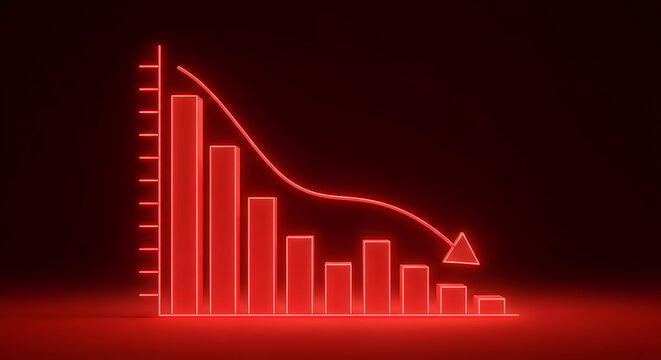 Red neon bar graph showing a downward trend indicating financial loss or economic recession concept
